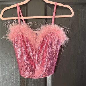 Lulu's Pink Sequin Feather Trim Tank Top